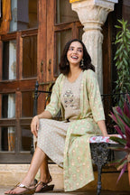 Yufta Green Printed and Embroidered Dress | Grocsy