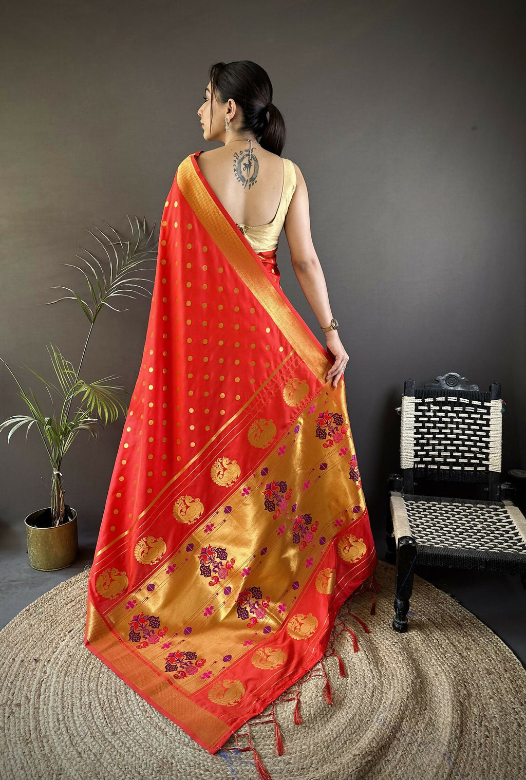 Joban Fashion Red Polka Dot Lichi Silk Paithani Silk Saree | Grocsy