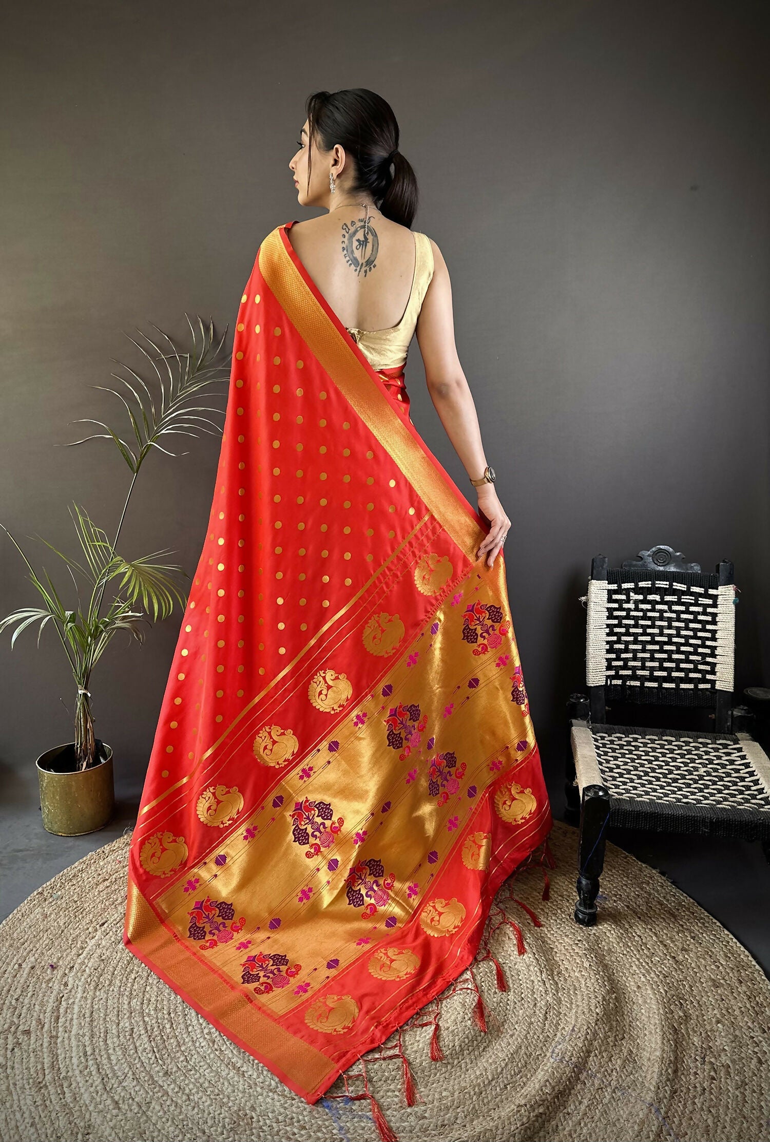 Joban Fashion Red Polka Dot Lichi Silk Paithani Silk Saree | Grocsy