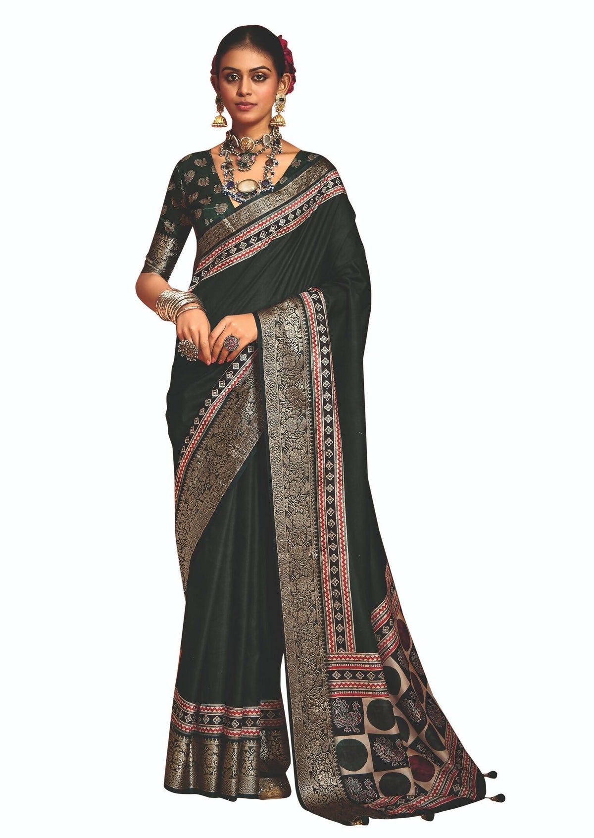 Joban Fashion Green Art Silk With Fine Viscose Border Ajrak Full Body Print With Soft Finish Saree | Grocsy