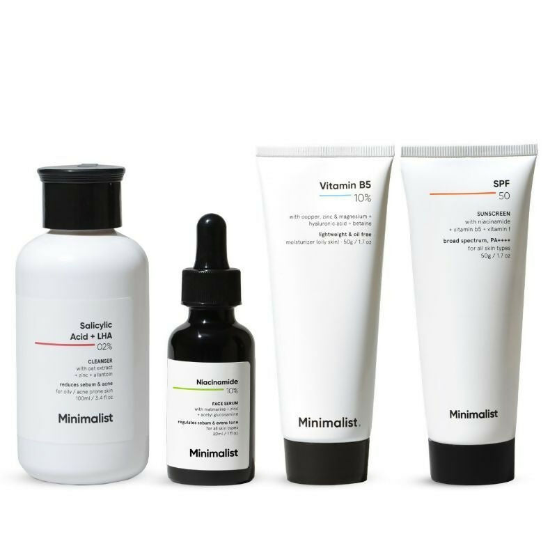 Minimalist Daily Skincare Routine CSMS (Cleanser, Serum, Moisturizer, Sunscreen) Combo For Oily & Acne Prone Skin | Grocsy