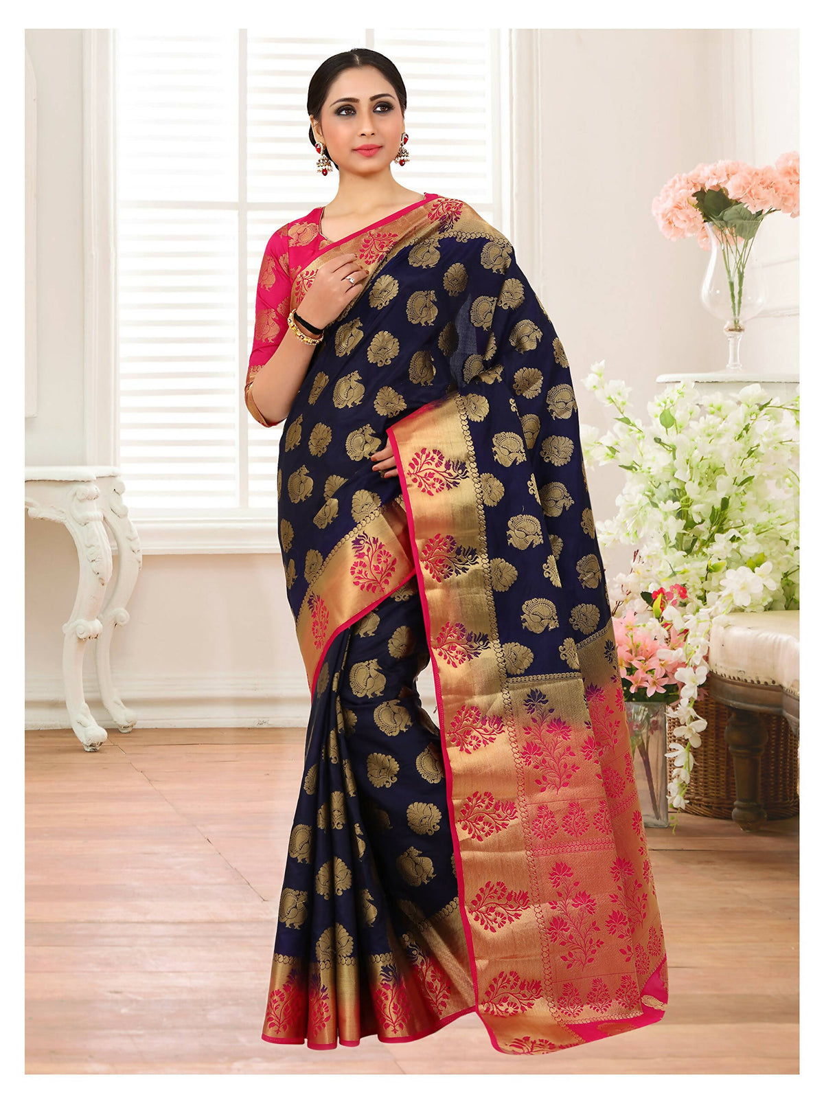 Mimosa Kanchipuram Silk Navy Blue Saree | Grocsy