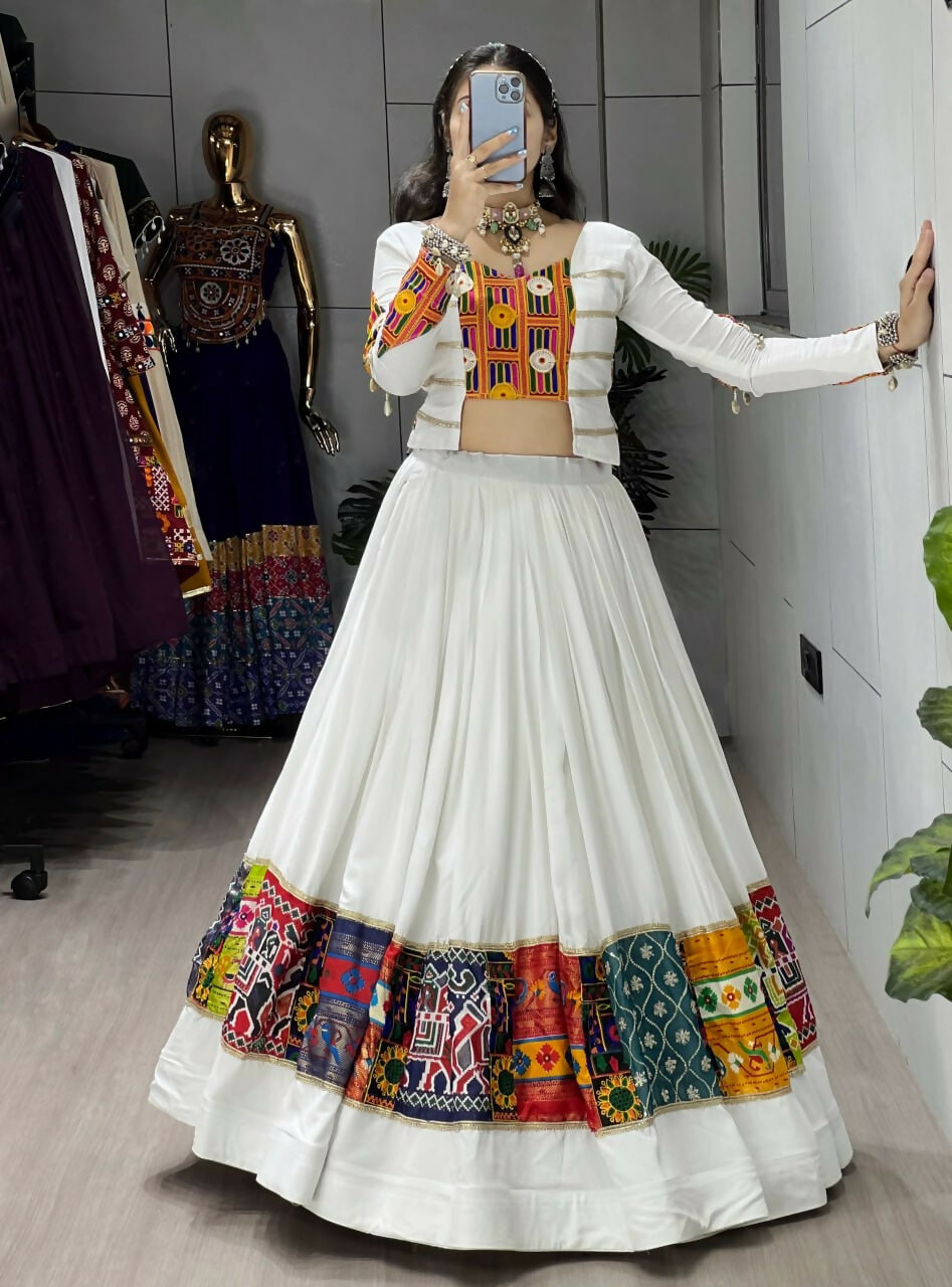 Yash Enterprise White Rayon Cotton Embroidery Semi Stitched Navratri Chaniya Choli | Grocsy