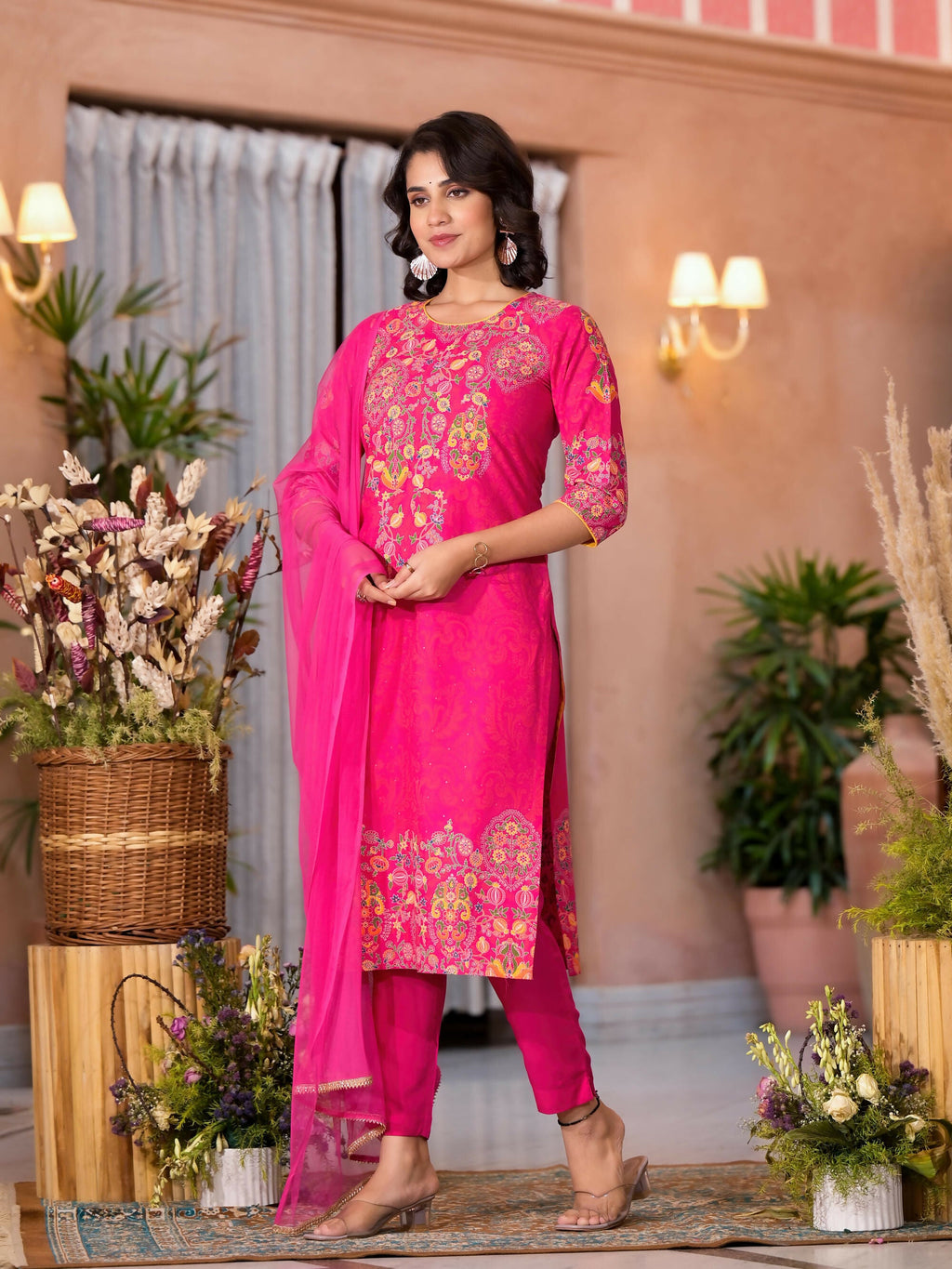 Juniper Women's Pink Thread Embroidered Liva Rayon Kurta Pant And Dupatta Set With Sequins Beads & Lace | Grocsy