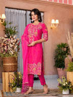 Juniper Women's Pink Thread Embroidered Liva Rayon Kurta Pant And Dupatta Set With Sequins Beads & Lace | Grocsy