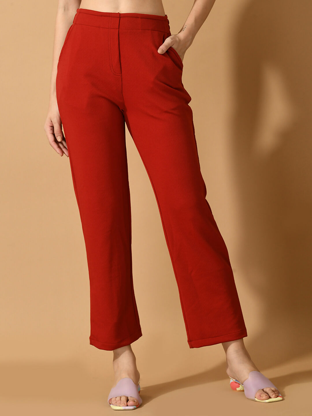 Myshka Women's Red Straight Fit Party Trouser | Grocsy