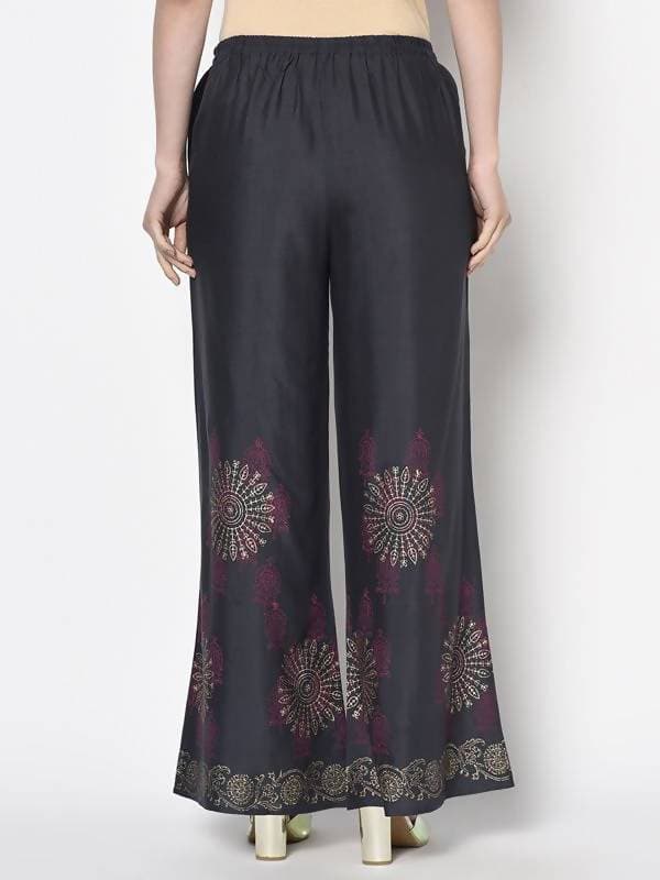 Aniyah Rayon Dark Grey Color Block Print Flared Slip-On Palazzo (AN-201K) | Grocsy