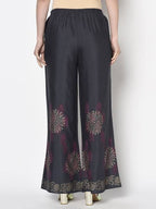 Aniyah Rayon Dark Grey Color Block Print Flared Slip-On Palazzo (AN-201K) | Grocsy