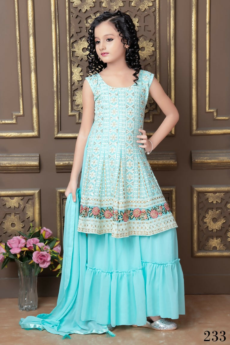 Kids Wedding Designer Sky Faux Georgette Sharara Suit - Aaradhna | Grocsy