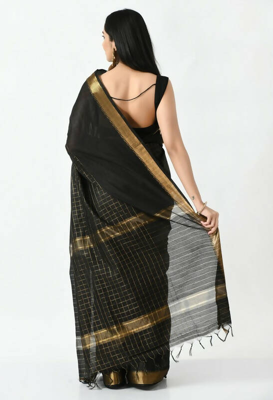 Mominos Fashion Moeza Black Bhagalpuri Handloom Silk Raj Shree Saree with unstitched Blouse piece | Grocsy