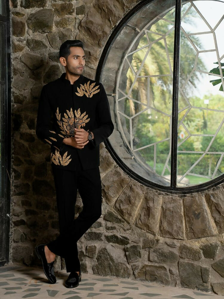 Black Bandhgala With Embroidery-Leaves by Hilo Design | Grocsy