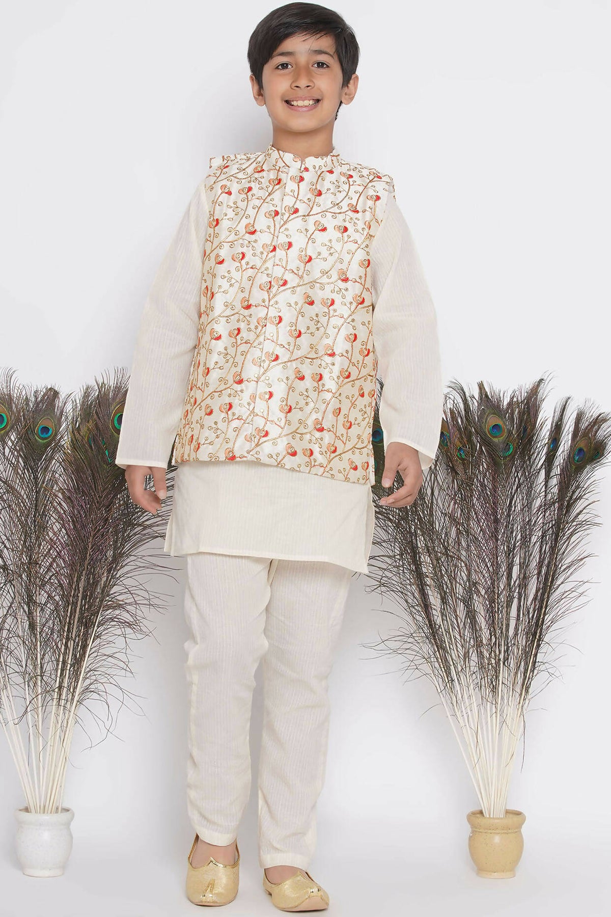 Little Bansi Banarsi Red Tulip Embroidery Jacket with Cotton Kantha kurta and Kantha Pyjama - Cream | Grocsy