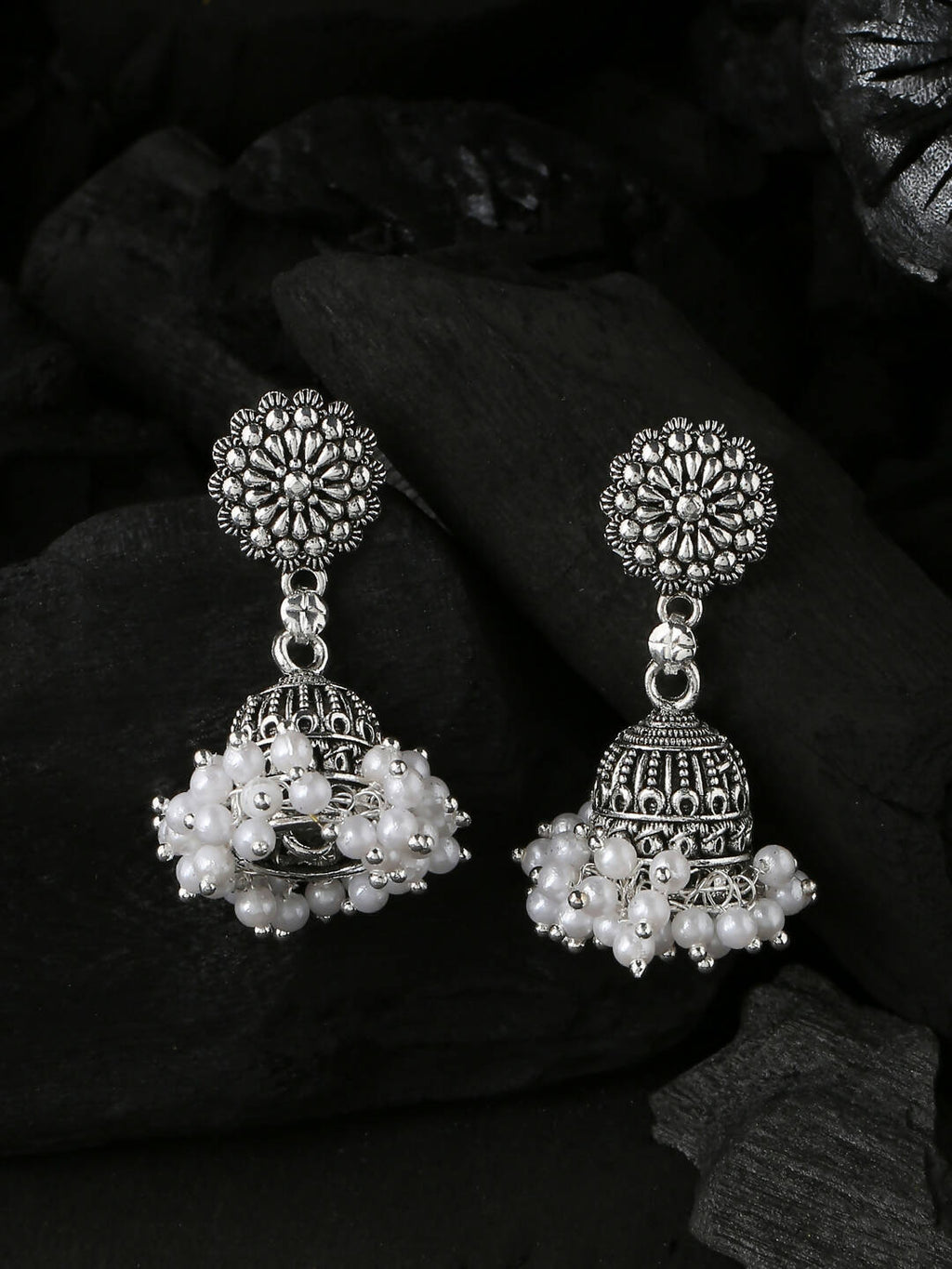 NVR Women Silver Toned Dome Shaped Jhumkas Earrings | Grocsy