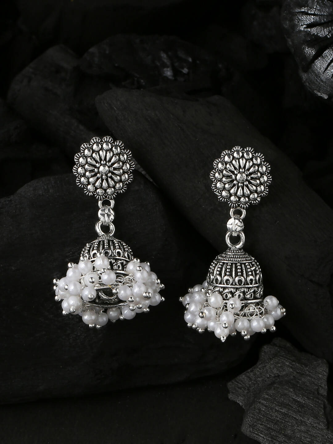 NVR Women Silver Toned Dome Shaped Jhumkas Earrings | Grocsy