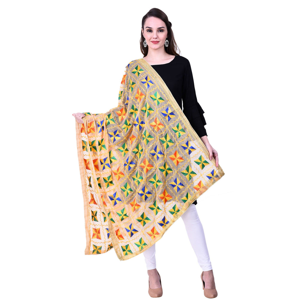 SWI Stylish Women's Embroidered Phulkari Chiffon Beige Dupatta | Grocsy