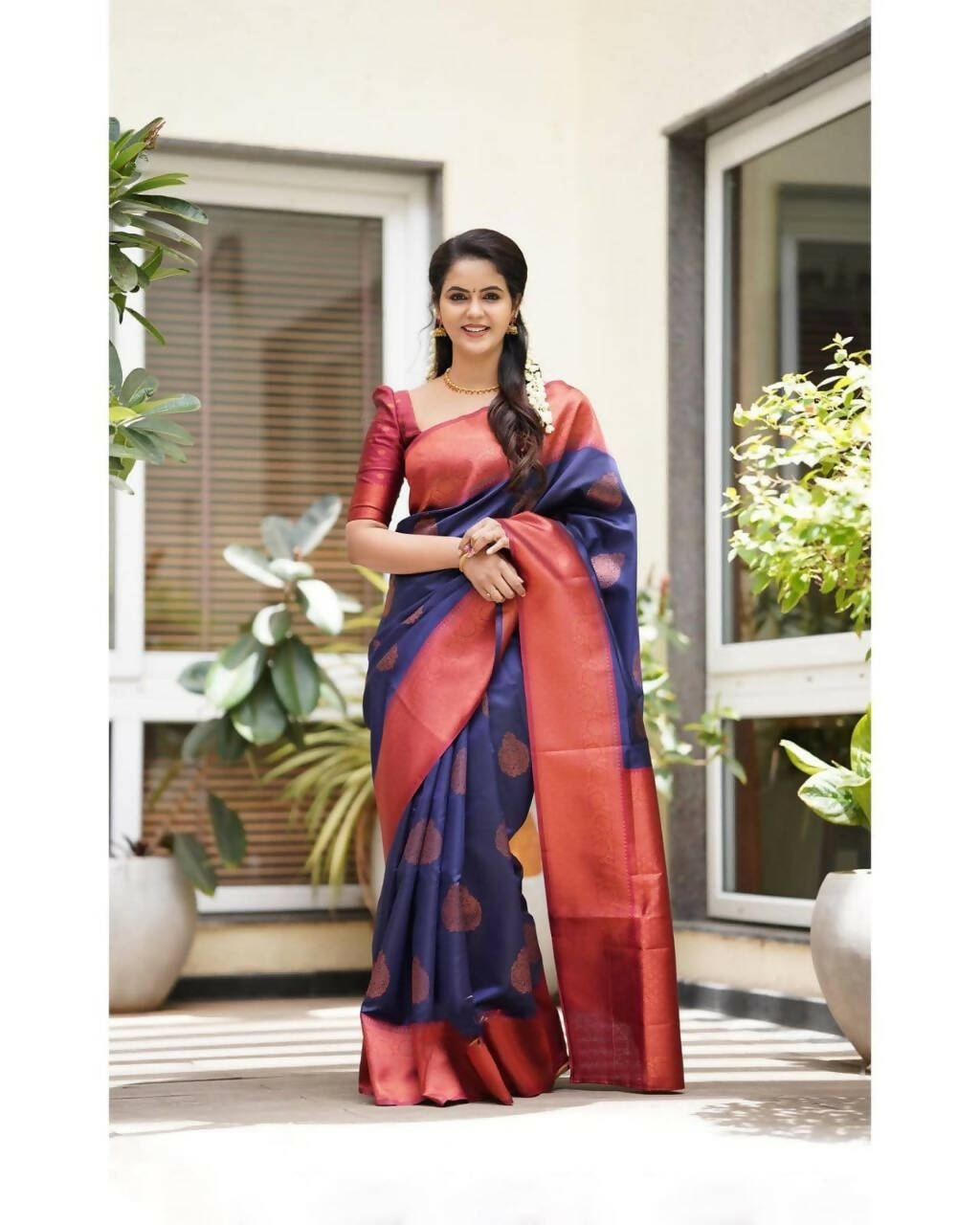 DEIANA'S Beautiful Designer Golden zari Soft Lichi Silk Saree - Navy Blue | Grocsy