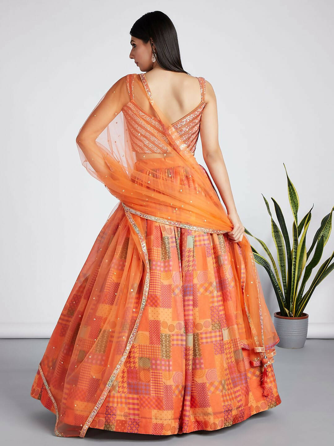 House of Panchhi Orange colour Organza Treditional design digital print Semi-Stitched Lehenga choli & Dupatta | Grocsy