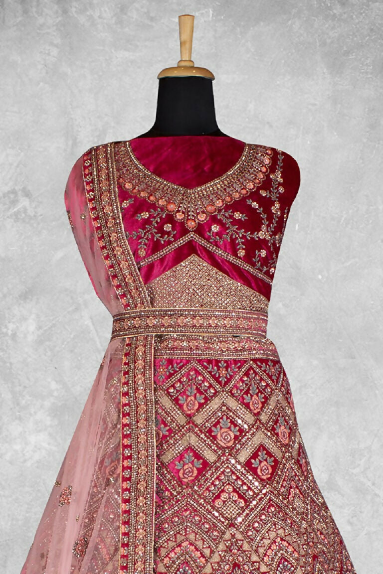 Red Velvet Pure Mirror Work Semi Stitched Lehenga Choli with Dupatta - Nimaya Lagnotsav | Grocsy