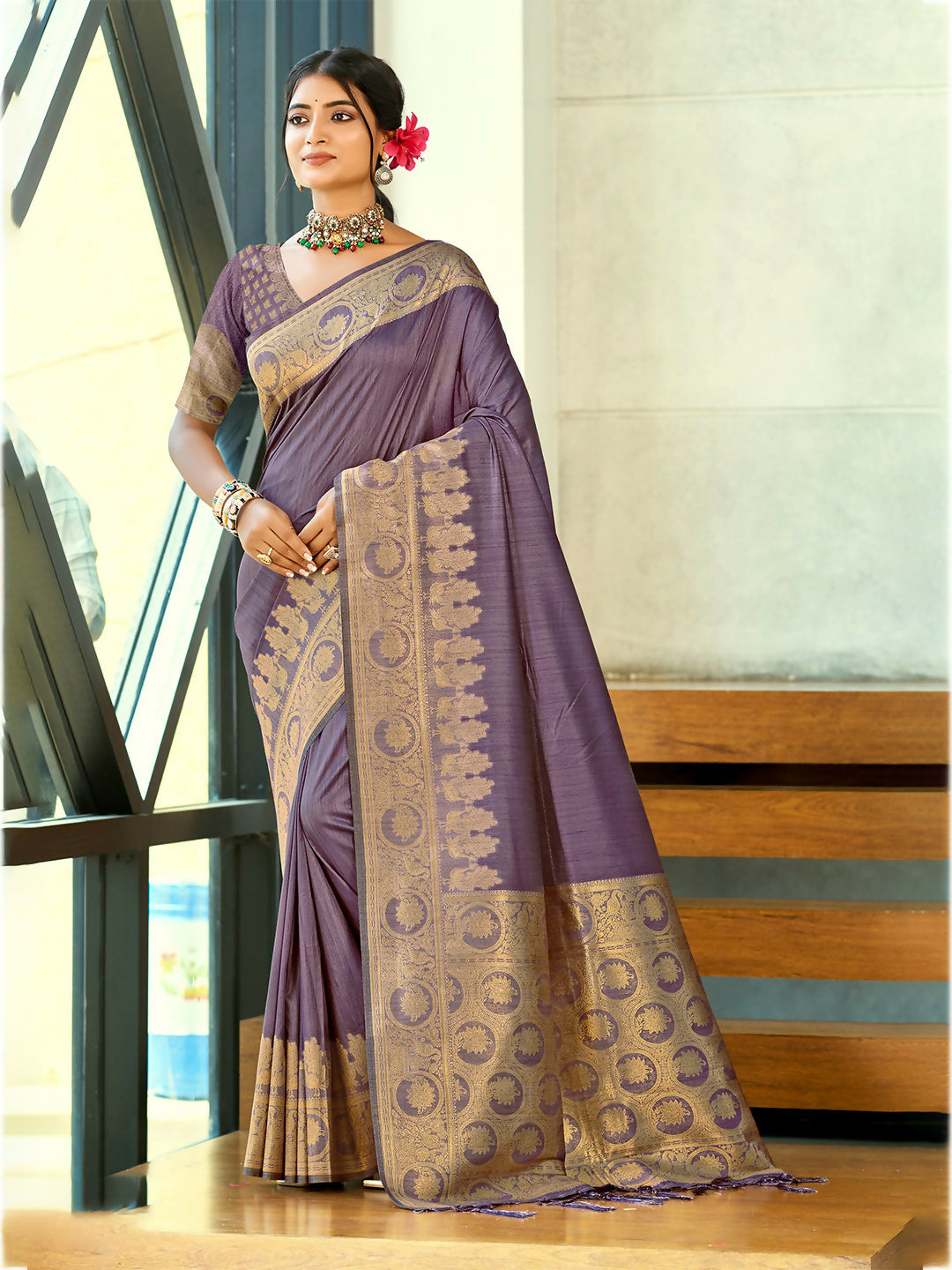 Sangam Prints Purple Blue Assam Silk Woven Work Traditional Saree | Grocsy