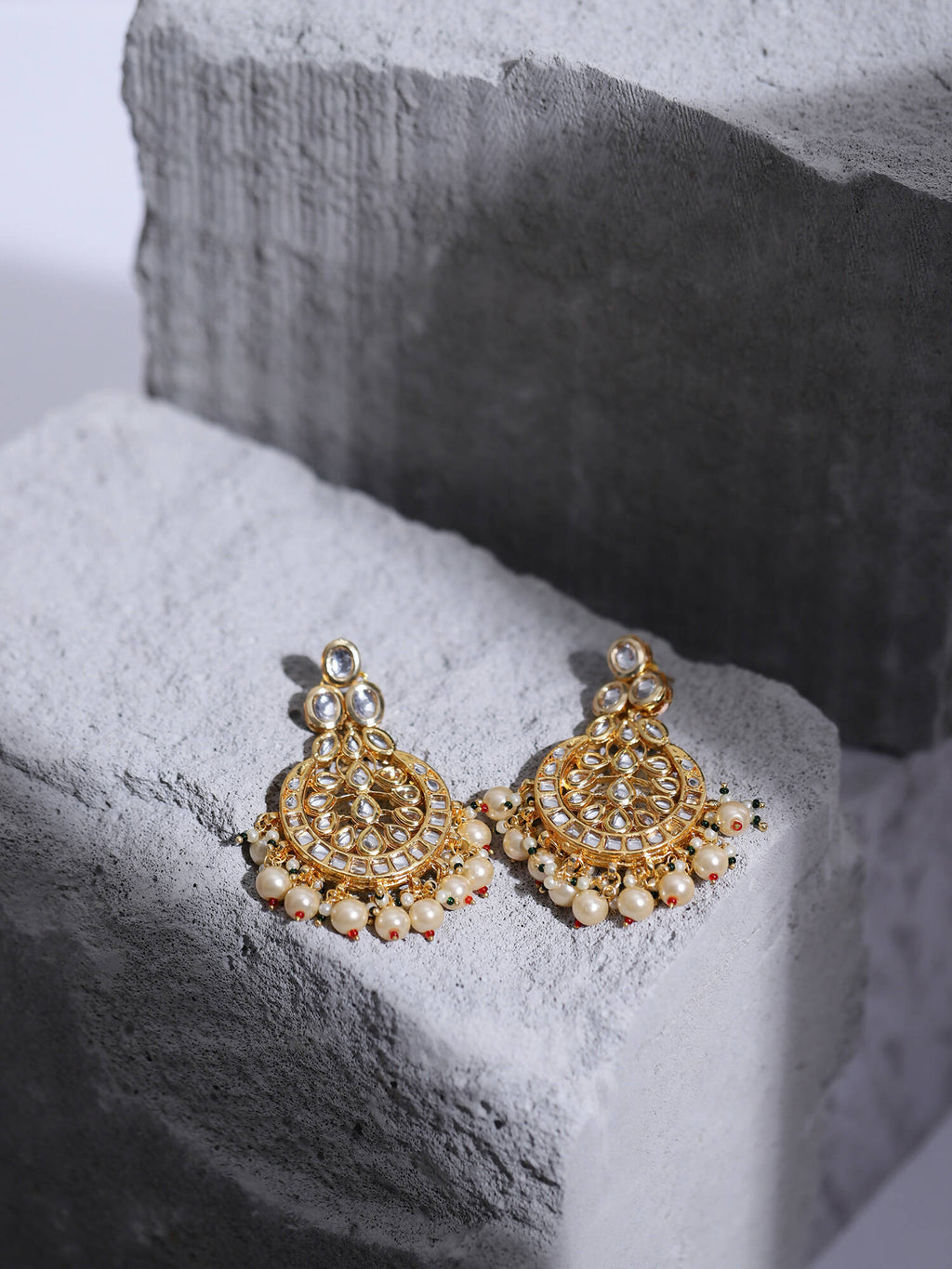 Gold-Toned White Kundan Contemporary Gold-Polished Chandbalis Earrings - Ruby Raang | Grocsy