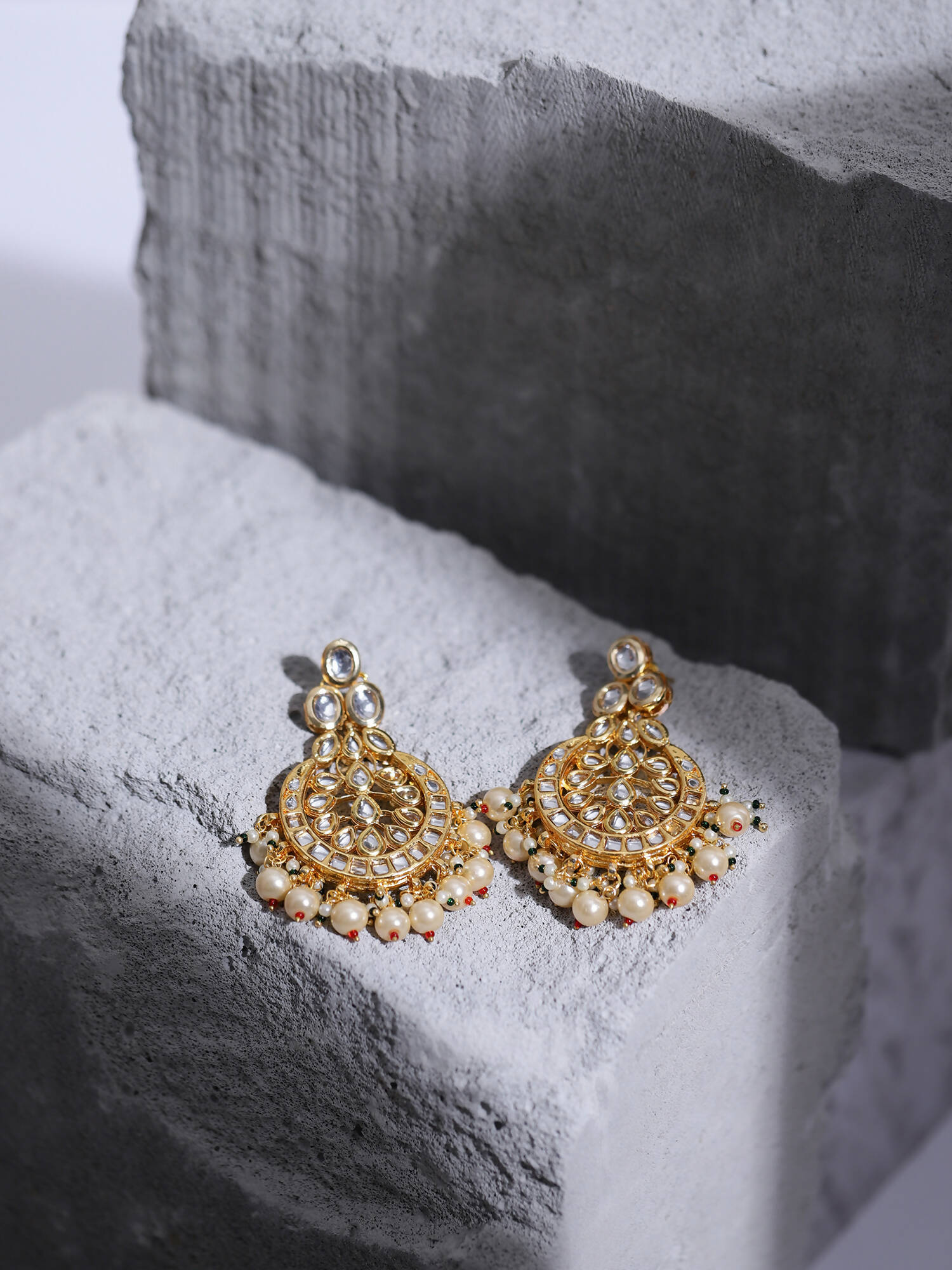 Gold-Toned White Kundan Contemporary Gold-Polished Chandbalis Earrings - Ruby Raang | Grocsy