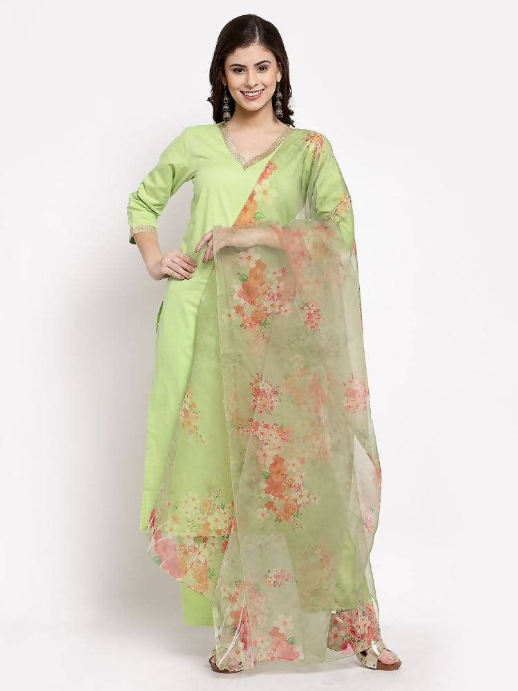 Myshka Women's Green Cotton Solid 3/4 Sleeve V Neck Casual Kurta Pant Dupatta Set | Grocsy