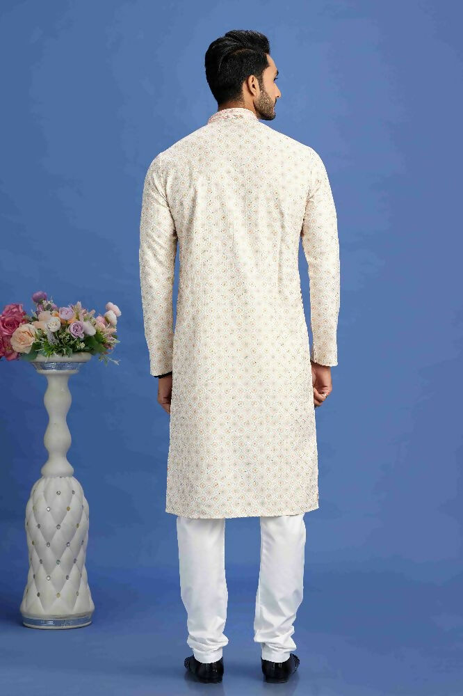 Raivat Ethnic Cotton Embroidery Kurta Pajama In Beige and Yellow Colour | Grocsy