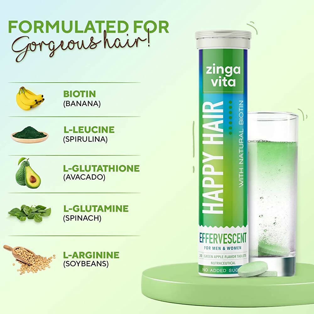 Zingavita Happy Hair Biotin Effervescent Tablets (Green Apple Flavor) Sugar Free | Grocsy