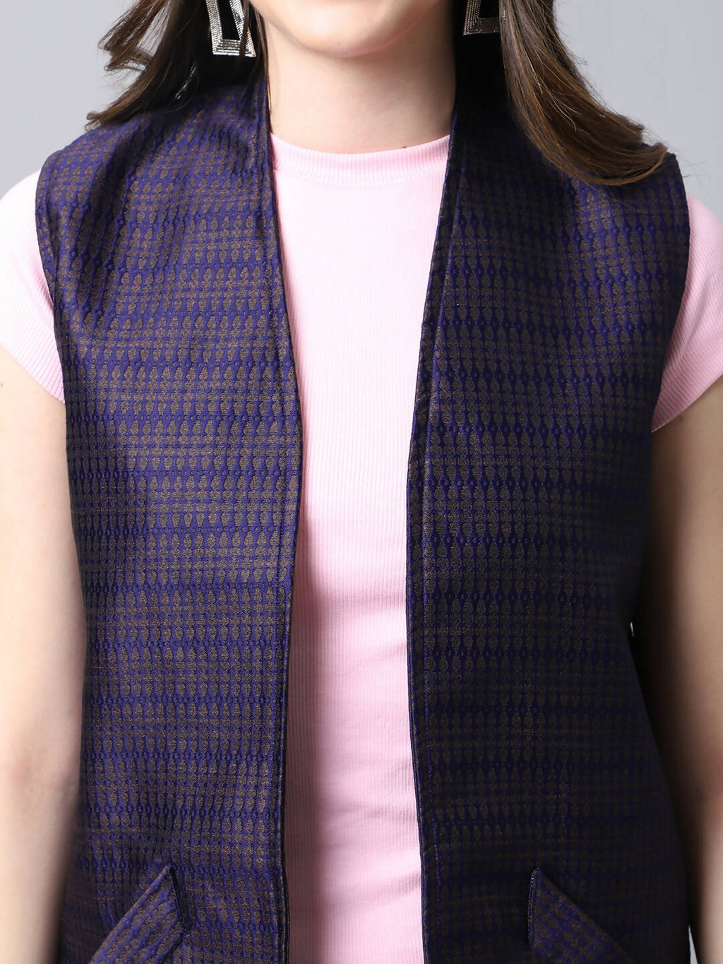 Even Apparels Navy Bansari Silk Open Front Women's Long Coat | Grocsy