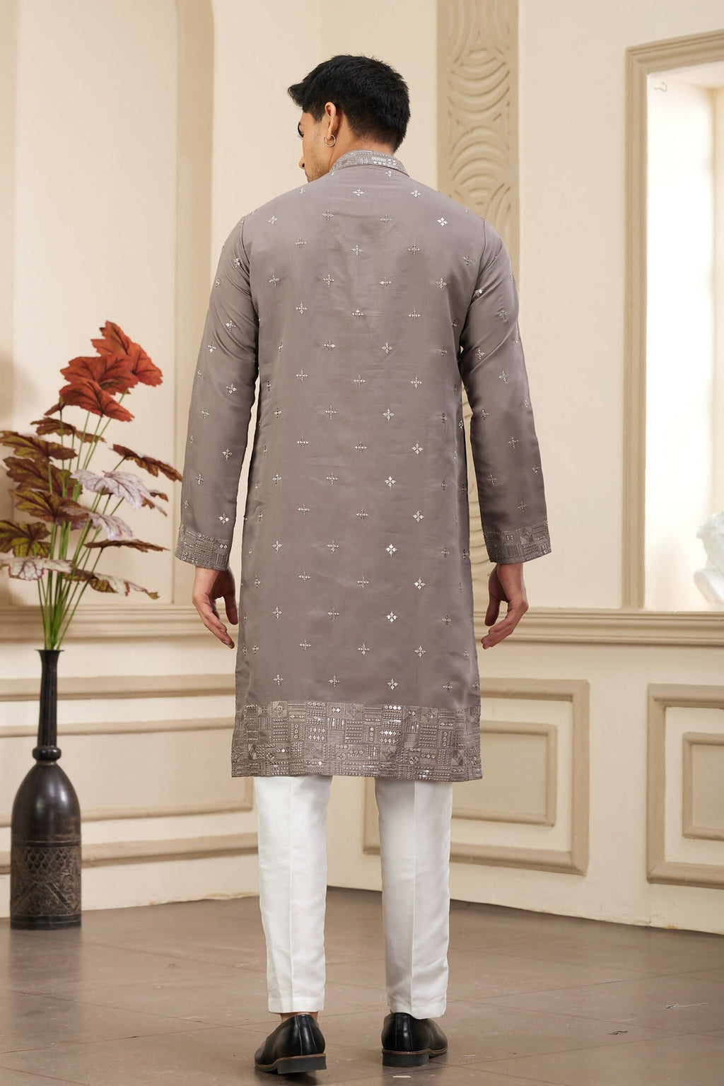 Raivat Ethnic Men's Art Silk Thread Work Kurta Pyjama In Brown Colour | Grocsy