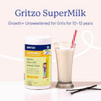 Gritzo SuperMilk Growth+ (Formerly Height+) Unsweetened Drink Mix (10-12y Girls) 12g Protein Powder - Creamy Vanilla | Grocsy