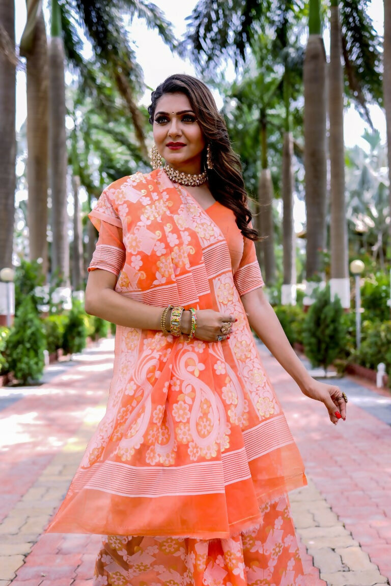 Partywear Designer Orange Jamdani contton Fancy Saree - Starwalk | Grocsy
