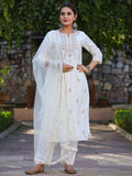 Juniper Women's Off-White Chinnon Embroidered Kurta Pant Dupatta Set | Grocsy