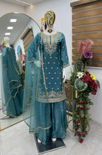 Teeya Creation New Trendy Womens Wedding Wear Kurta Palazzo Set - Teal | Grocsy