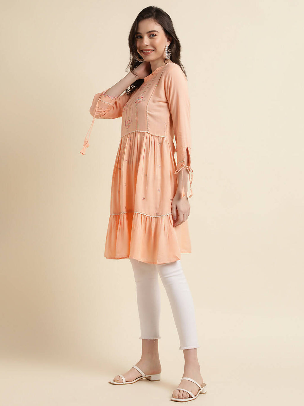 Peach Poly Cotton Yoke Embroidered A-line Top - Tarini | Grocsy