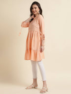 Peach Poly Cotton Yoke Embroidered A-line Top - Tarini | Grocsy
