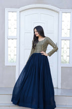 Jyoti Fashion Women's Navy Blue Sequence Zari Embroidered Faux Blooming Anarkali Dress | Grocsy