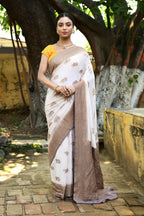 Joban Fashion Ivory Crepe Chiffon Pure Handloom Banarasi Silk Saree | Grocsy