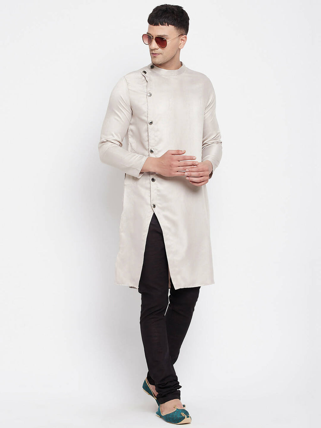 Even Apparels Beige Rayon Men's Sherwani Kurta With Asymetrical Cut | Grocsy