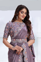 Lavender Crepe satin silk Cord & Sequence Embroidered with Stone work Saree - Mohmanthan Majestica | Grocsy
