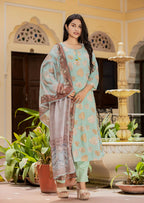Kaajh Women's Green Modal Silk Printed Kurta Pant Set With Dupatta | Grocsy