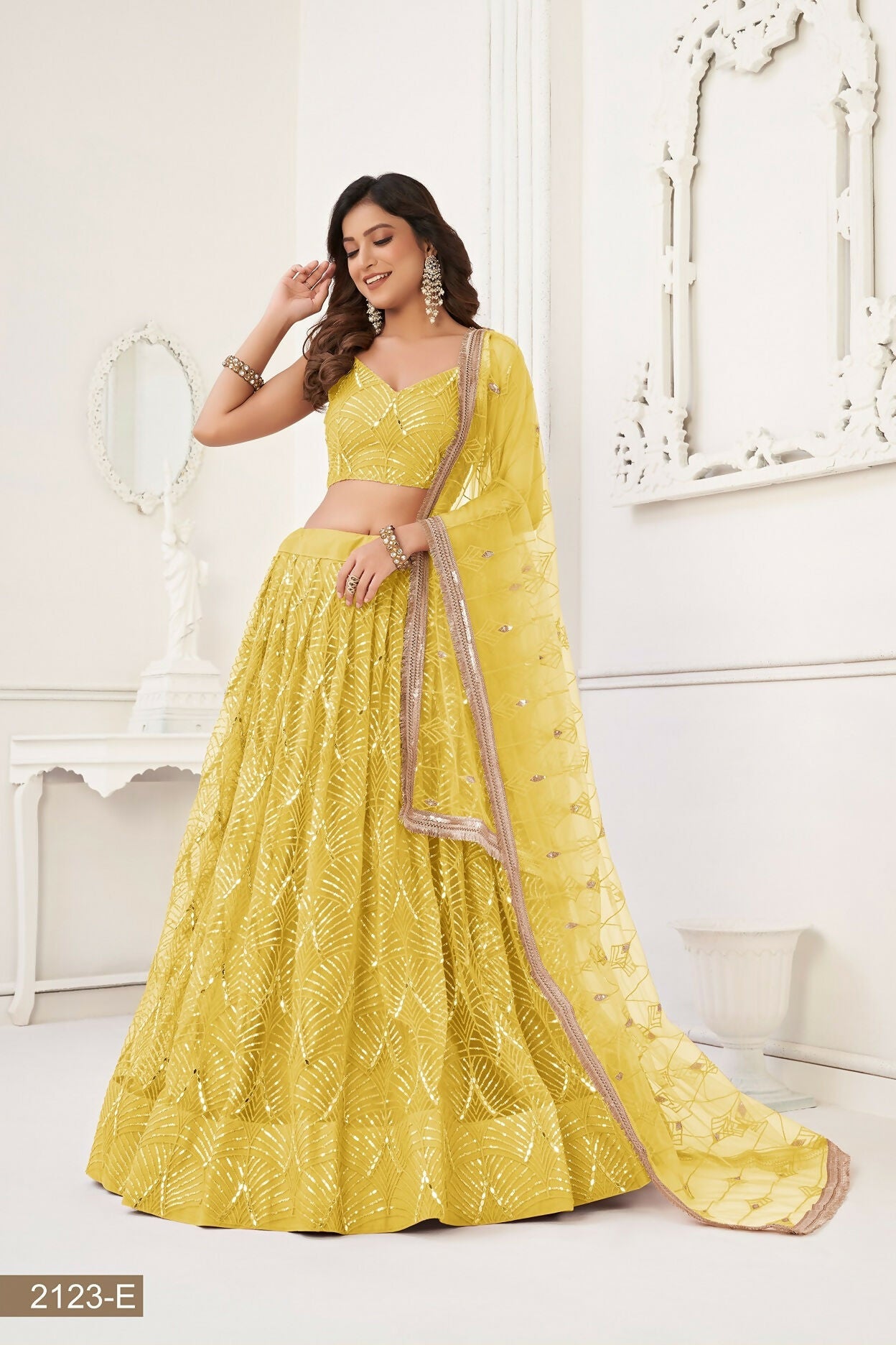 Eilara Glamorous Yellow Net With Sequins And Thread Embroidery Real Mirror Work Lehenga Choli For Wedding | Grocsy