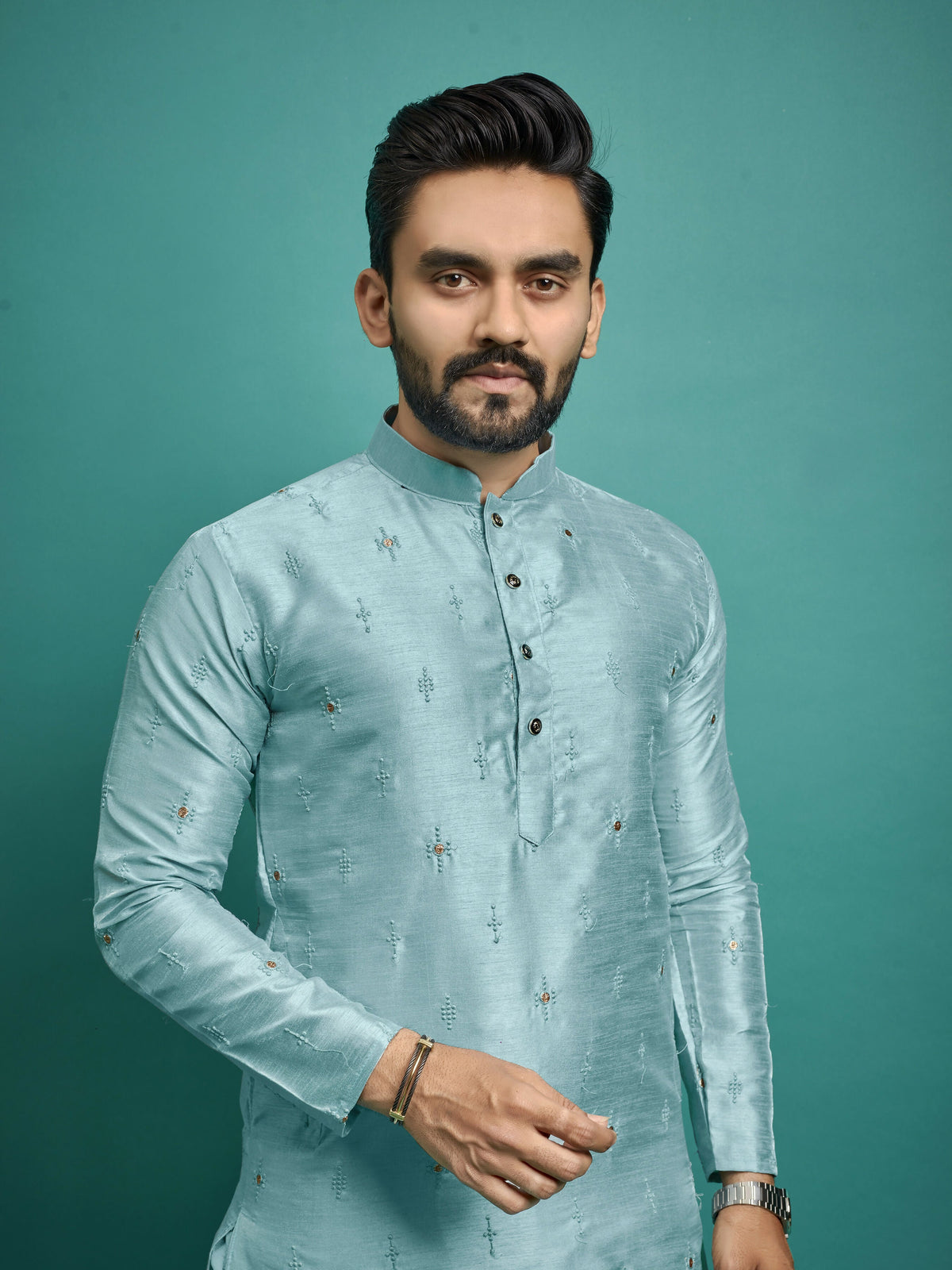 Indian Designer Embroidered Light Blue Men's Kurta Pajama Set by Infinity Export | Grocsy