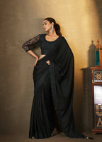 Black Satin Silk Floral Embroidered with Swaroski Work Saree With Unstitched Blouse Piece - Norita Royal Erisha | Grocsy