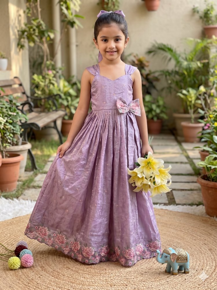 Teeya Creation New Trendy Girls Elegant White Crinkled Ethnic Gown with Pink Lotus Border and Stylish Waist Bow | Grocsy