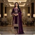 Teeya Creation Purple Color Velvet Fabric Designer Embroidery Work Suit | Grocsy