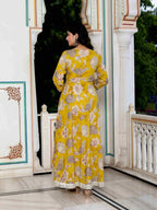 Miravan Women's Cotton Gotapatti And Lace Border Details Floral Printed Yellow Anarkali Kurta | Grocsy