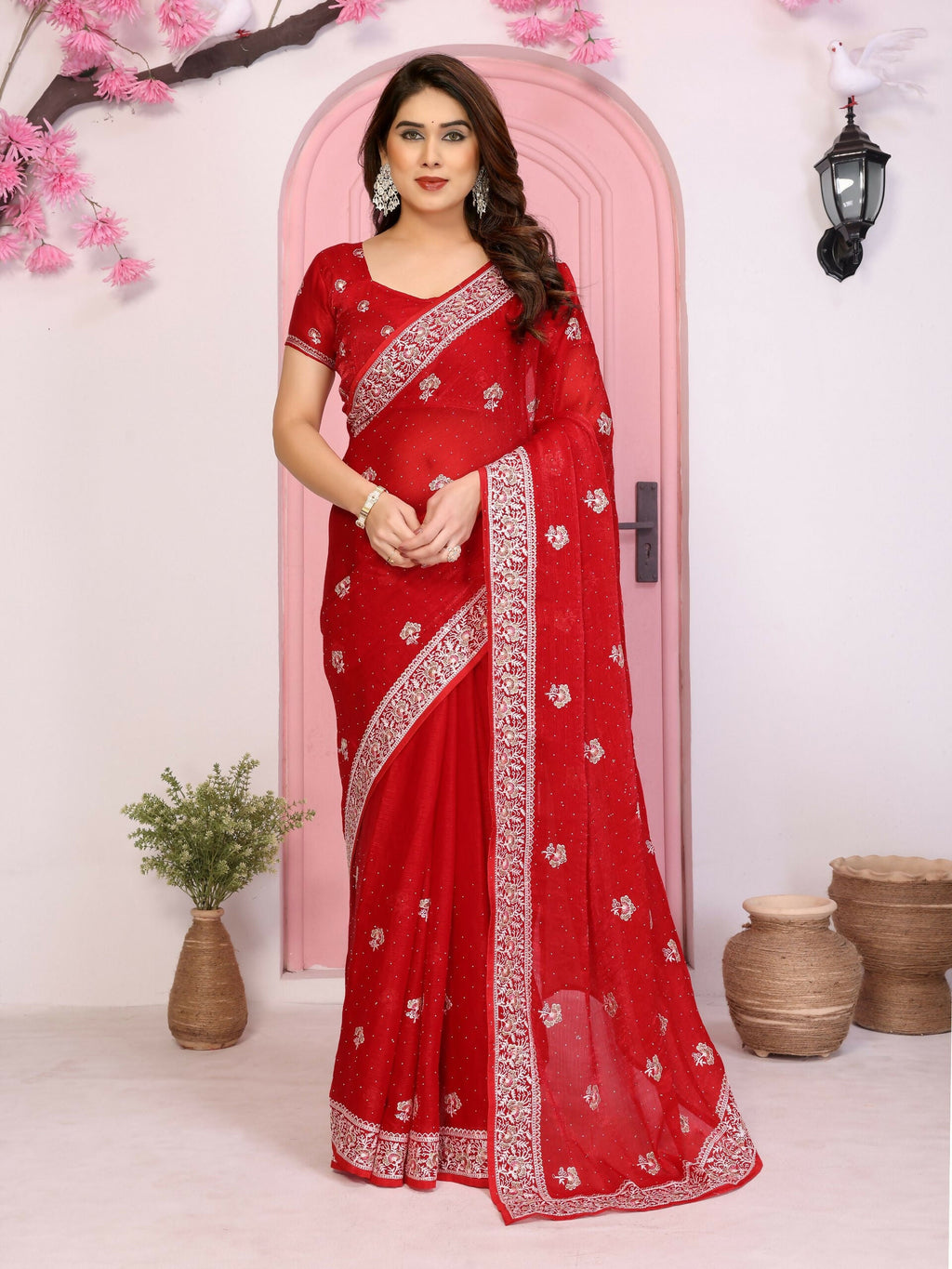 Teeya Creation New Womens Latest Party Wear Soft Chiffon Silk Saree-Red | Grocsy