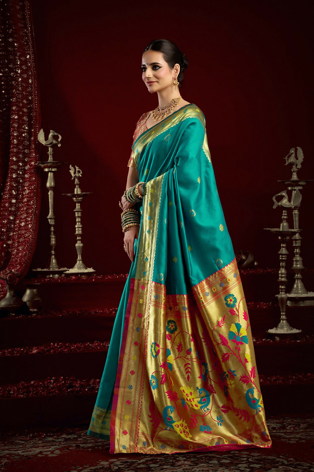 Joban Fashion Aqua Blue Paithani Silk Blend Butti Saree | Grocsy