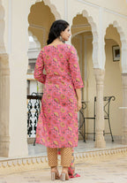 Kaajh Women's Pink Cotton Floral Printed Kurta Pant With Dupatta Set | Grocsy